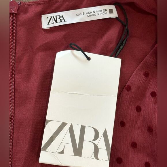 Zara Maroon Polka Dotted Mesh Mini Dress SZ Small NWT - Picture 7 of 11